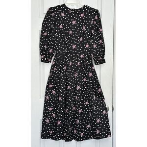 VTG Lang Originals USA Pinup Dress Rockabilly Black White Polka Dot Roses Size 4